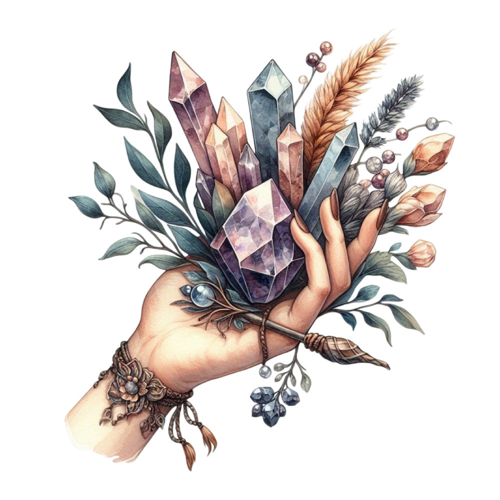 amethyst crystal, boho, bohemian, botanical, copper, crystals, dark teal, earthy, elegant, feathers, gemstones, gold accents, hand holding, healing crystals, illustration, lavender purple, leaves, metaphysical, minerals, nature, neutral tones, peach, sage green, spiritual, taupe, watercolor, whimsical, witchy