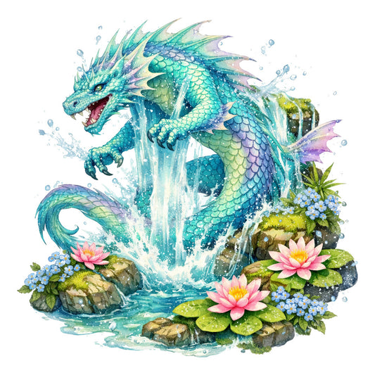 turquoise dragon, aqua blue, teal green, purple, pink, yellow-green, water dragon, fantasy creature, mythical beast, Asian dragon, aquatic theme, waterfall, water splash, lily pads, lotus flowers, pink flowers, blue flowers, rocks, nature scene, magical, whimsical, fantasy, ethereal, dragon lover, water themed, garden, pond, dreamy, enchanted, nature inspired