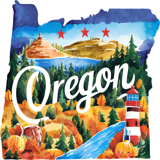 Classic US States Fabric Panel 38 featuring a colorful Oregon landscape with forest, river, lighthouse, pumpkins, and hills in premium quilting cotton.