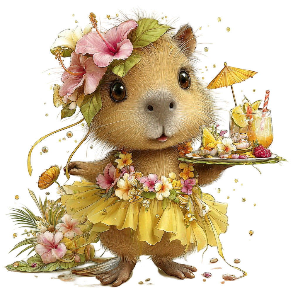 guinea pig, cute animal, floral, yellow, pink, coral pink, dusty rose, sage green, gold, whimsical, tropical, summer, spring, flowers, hibiscus, daisies, butterflies, beverage, cocktail, parasol, character fabric, children's, playful, adorable, nature-inspired, colorful, pastel, fancy, decorative, nursery