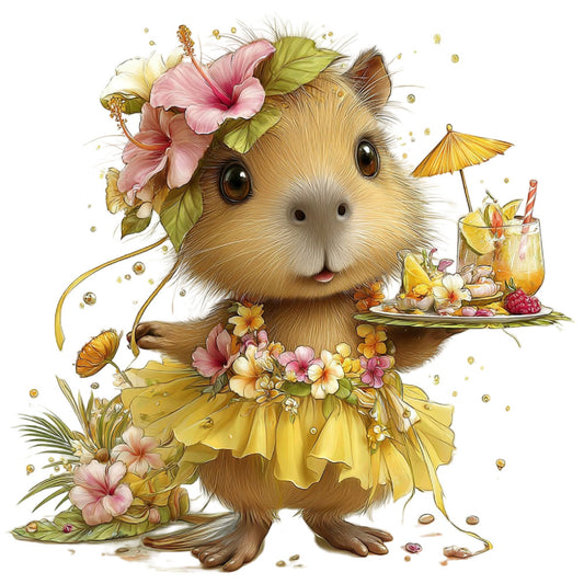 guinea pig, cute animal, floral, yellow, pink, coral pink, dusty rose, sage green, gold, whimsical, tropical, summer, spring, flowers, hibiscus, daisies, butterflies, beverage, cocktail, parasol, character fabric, children's, playful, adorable, nature-inspired, colorful, pastel, fancy, decorative, nursery
