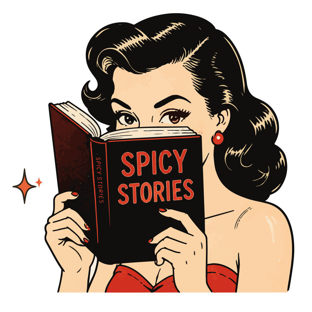 vintage, retro, 1950s, pin-up, black, red, cream, reading, books, literature, woman, portrait, mid-century, classic, glamorous, elegant, nostalgic, literary, storybook, spicy stories, fashion, style, feminine, art deco, bold graphics, illustration, decorative, home decor, wall art