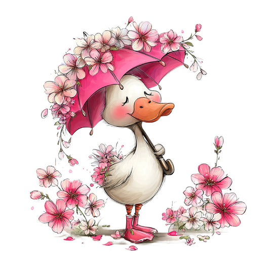 cute duck, pink flowers, floral, whimsical, spring, baby, animals, birds, waterfowl, cherry blossoms, delicate flowers, soft pink, hot pink, coral orange, cream, white, nature, children's, nursery, playful, sweet, feminine, illustration style, storybook, decorative panel, wall hanging, baby quilt, apparel, botanical, cottage core