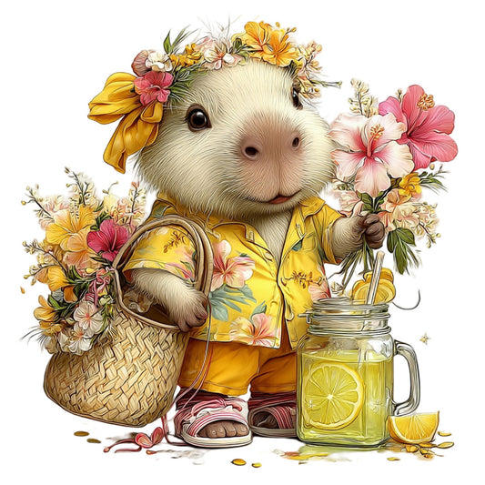guinea pig, cream, golden yellow, coral pink, pale pink, soft yellow, floral, animals, cute, whimsical, spring, summer, nature, lemonade, lemon, basket, flowers, daisy, hibiscus, vintage, sweet, charming, children's, nursery, baby, cottage core, garden, botanical, cheerful, playful