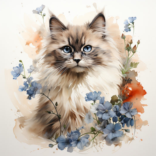 Watercolor Cats with Flowers Fabric Panel 12 features a detailed cat portrait with blue flowers on premium quilting cotton fabric.