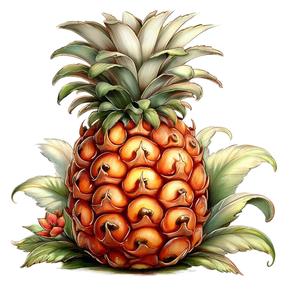 pineapple, tropical, orange, coral, golden yellow, cream, sage green, forest green, botanical, fruit, nature, summer, whimsical, vintage botanical, detailed illustration, botanical illustration, exotic fruit, tropical fruit, leaves, foliage, rustic, farmhouse, garden theme, sunny, vibrant orange, decorative print, realistic, hand-drawn style, traditional, naturalistic