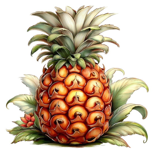 pineapple, tropical, orange, coral, golden yellow, cream, sage green, forest green, botanical, fruit, nature, summer, whimsical, vintage botanical, detailed illustration, botanical illustration, exotic fruit, tropical fruit, leaves, foliage, rustic, farmhouse, garden theme, sunny, vibrant orange, decorative print, realistic, hand-drawn style, traditional, naturalistic