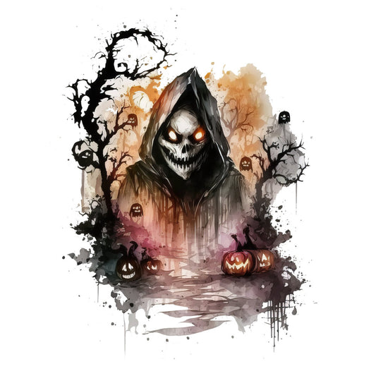 halloween, spooky, grim reaper, skull, jack-o-lantern, pumpkin, ghouls, haunted, scary, dark, death, autumn, fall, orange, black, grey, tan, cream, watercolor, abstract, gothic, eerie, creepy, twisted trees, horror, festive, trick-or-treat, seasonal, wall hanging, home decor