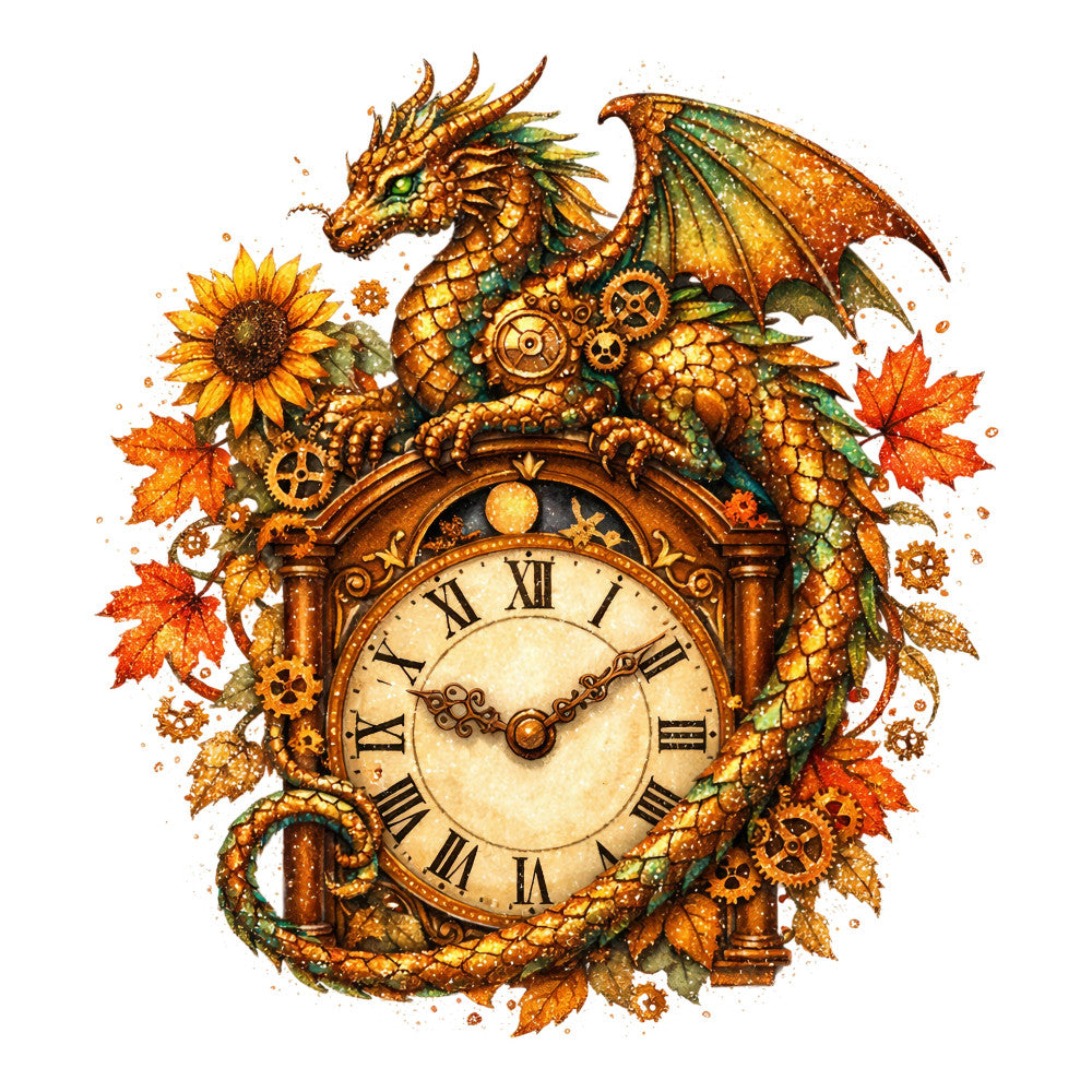 steampunk dragon, autumn leaves, gold, bronze, copper, burnt orange, forest green, golden yellow, vintage clock, gears, mechanical, fantasy, whimsical, celestial, sunflower, maple leaves, ornate, elegant, rustic, fall, autumn, dragon, time, steampunk fashion, magical, adventure, nature-inspired, earth tones, vintage aesthetic, wall hanging