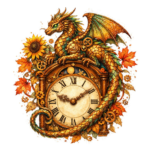 steampunk dragon, autumn leaves, gold, bronze, copper, burnt orange, forest green, golden yellow, vintage clock, gears, mechanical, fantasy, whimsical, celestial, sunflower, maple leaves, ornate, elegant, rustic, fall, autumn, dragon, time, steampunk fashion, magical, adventure, nature-inspired, earth tones, vintage aesthetic, wall hanging