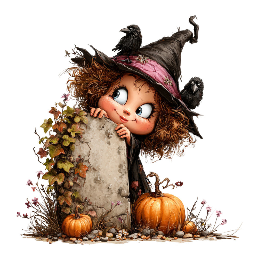 autumn, fall, halloween, witch, whimsical, pumpkin, orange, brown, black, pink, cream, rustic, nature, harvest, cottage core, magical, fantasy, crows, birds, ivy, vines, flowers, children's, playful, folk art, storybook, seasonal, wall hanging, panel print