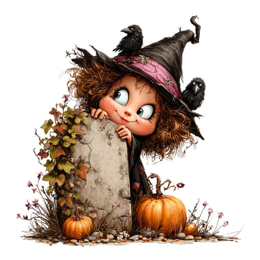 autumn, fall, halloween, witch, whimsical, pumpkin, orange, brown, black, pink, cream, rustic, nature, harvest, cottage core, magical, fantasy, crows, birds, ivy, vines, flowers, children's, playful, folk art, storybook, seasonal, wall hanging, panel print
