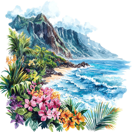 hawaiian landscape, tropical paradise, watercolor style, ocean waves, mountain cliffs, pink hibiscus, orange plumeria, palm fronds, tropical flowers, turquoise water, sandy beach, lush vegetation, fabric panel, quilting cotton, island scenery, coastal scene, blue sky, green foliage, vibrant colors, paradise theme