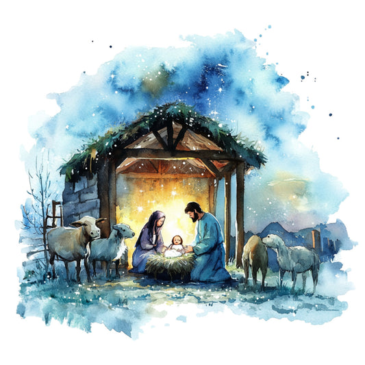 nativity, religious, christmas, winter, baby jesus, manger scene, holy night, stable, animals, sheep, cattle, livestock, joseph and mary, spiritual, heavenly, celestial, watercolor, soft blue, sky blue, cream, gold, warm glow, light, peaceful, serene, traditional, rustic, farmhouse, nativity scene, holiday
