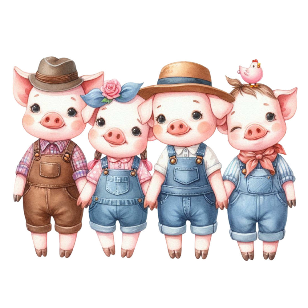 cute pigs, farm animals, farmhouse style, denim overalls, straw hats, whimsical, charming, children's, baby, pastoral, country, rustic, pink pigs, denim blue, tan brown, coral pink, blue stripes, checkered shirt, adorable characters, nursery, storybook, folk art, vintage style, springtime, cheerful, playful, adorable animals, garden theme, little ones
