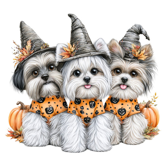 halloween dogs, cute puppies, shih tzu, fall harvest, autumn orange, black and white, pumpkins, witch hats, jack-o-lantern, holiday festive, whimsical animals, trick or treat, seasonal spooky, pet lovers, dog themed, children's fabric, playful design, orange and black, fall decorations, novelty print, animal companions, costume party, harvest time, cozy autumn, decorative dogs, sweet puppies, festive costumes