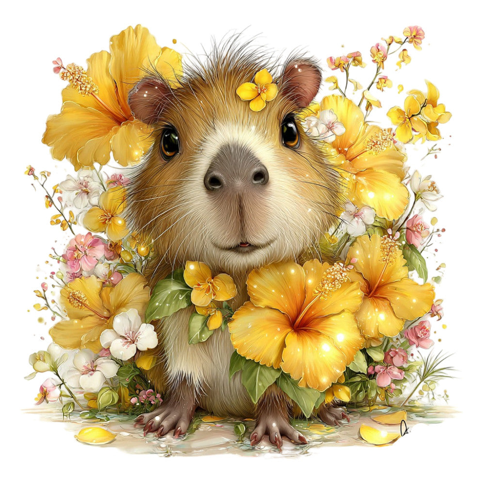 guinea pig, yellow flowers, golden yellow, cream white, blush pink, floral, whimsical, cute animals, spring, summer, nature, botanical, hibiscus, daisies, small animals, children's, playful, gentle, soft colors, garden theme, woodland creatures, sweet, charming, illustration style, decorative, pet lovers, cheerful, pastel accents, rustic charm