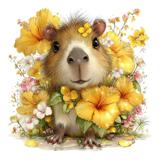 guinea pig, yellow flowers, golden yellow, cream white, blush pink, floral, whimsical, cute animals, spring, summer, nature, botanical, hibiscus, daisies, small animals, children's, playful, gentle, soft colors, garden theme, woodland creatures, sweet, charming, illustration style, decorative, pet lovers, cheerful, pastel accents, rustic charm