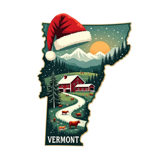 Christmas US States Fabric Panel 6 featuring Vermont with snowy farm scene, cows, pine trees, mountains, and Santa hat design.
