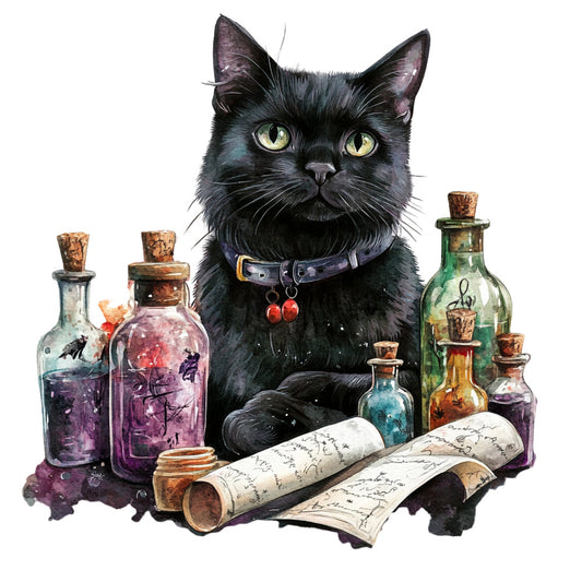 black cat, witchy, mystical, potion bottles, vintage scrolls, spell book, magical, dark academia, purple, emerald green, amber, celestial, mysticism, witch aesthetic, gothic, whimsical, dark whimsical, occult, alchemy, enchanted, spell ingredients, moon phases, witchcraft, dark fantasy, steampunk, apothecary, vintage magical, mysterious, supernatural, fabric panel