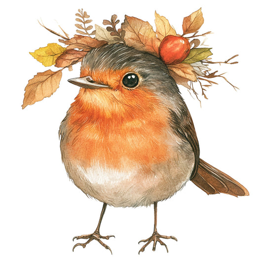 robin, autumn, fall, orange, rust, cream, beige, gray, grey, woodland, nature, bird, leaves, berries, whimsical, rustic, seasonal, harvest, botanical, fall foliage, cozy, cottage core, forest, animals, nature-inspired, watercolor, illustrated, charming, festive autumn, decorative
