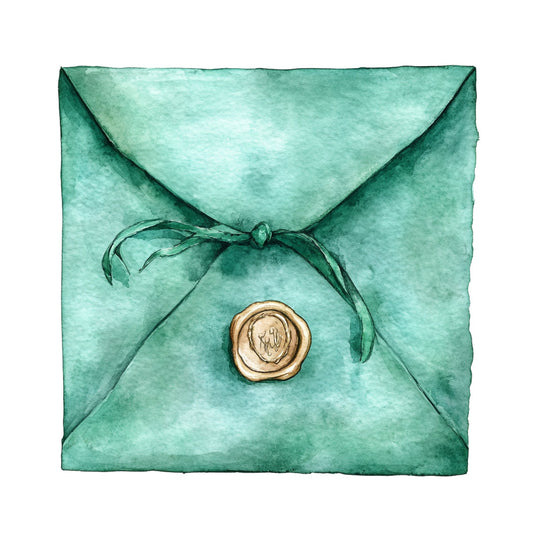 mint green, seafoam, teal, wax seal, envelope, vintage, elegant, botanical, formal, stationery, mail, love letter, romantic, classic, traditional, paper texture, watercolor, whimsical, ribbon, bow, gold accent, correspondence, wedding, invitation, celestial, timeless, luxury, sophisticated, spring, nostalgic