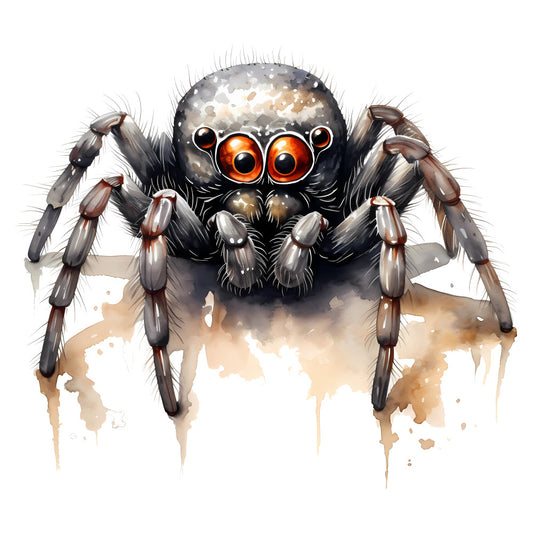 spider, tarantula, arachnid, black, orange, brown, tan, cream, watercolor, artistic, whimsical, creepy, gothic, halloween, spooky, insects, nature, animals, detailed, realistic, autumn, fall, horror, dark, moody, contemporary, illustrative, hand-painted effect, eight legs, large eyes