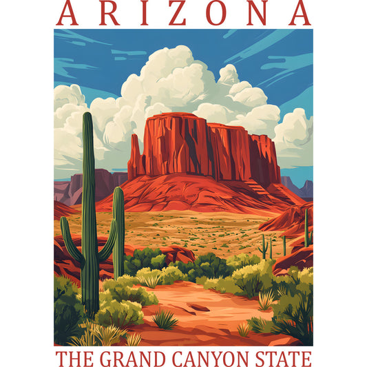 arizona poster, red rock formations, saguaro cactus, desert landscape, vintage travel poster, southwestern scenery, blue sky, white clouds, orange sandstone, green cacti, fabric panel, quilting cotton, retro illustration, mesa buttes, desert flora, americana theme, state tourism, cotton fabric, landscape design, warm earth tones