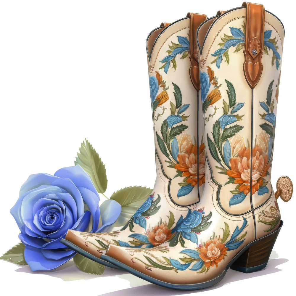 western boots, cowboy boots, floral design, blue flowers, orange flowers, cream background, botanical print, vintage style, rustic theme, country western, decorative boots, blue roses, orange blooms, green leaves, traditional pattern, folk art, cottage core, farmhouse style, elegant western, boot illustration, flower motifs, multi-colored florals, classic design, southwestern aesthetic, decorative panel, home décor, western fashion, nostalgic style, timeless pattern