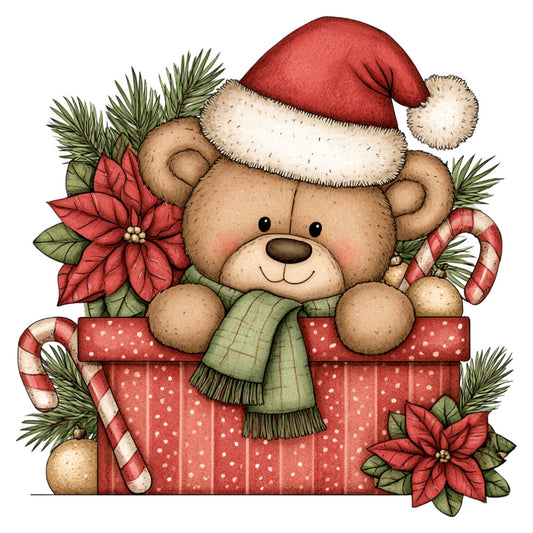 teddy bear, christmas, holiday, santa hat, red, cream, green, tan, brown, poinsettia, candy cane, pine branches, festive, whimsical, cute, children's, baby, traditional, vintage, plaid scarf, polka dot, ornaments, seasonal, winter, nursery, storybook, illustration style, charming, nostalgia, gift themed