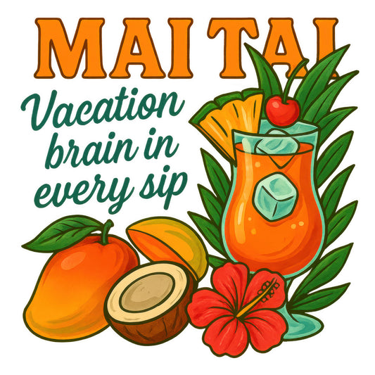 orange, green, red, yellow, tropical, mai tai, cocktail, pineapple, coconut, hibiscus flower, palm leaves, vacation theme, tiki bar, summer drinks, beverage design, fabric panel, quilting cotton, hawaiian style, island motif, refreshing colors