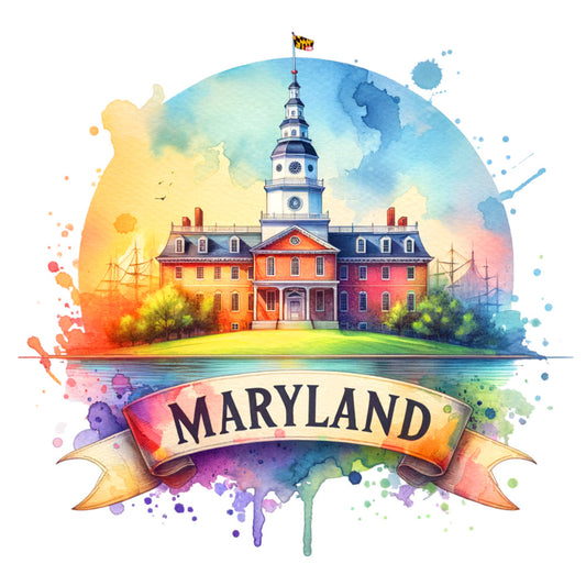 US States Retro Travel Fabric Panel 43 featuring colorful Maryland state building watercolor illustration on premium quilting cotton.