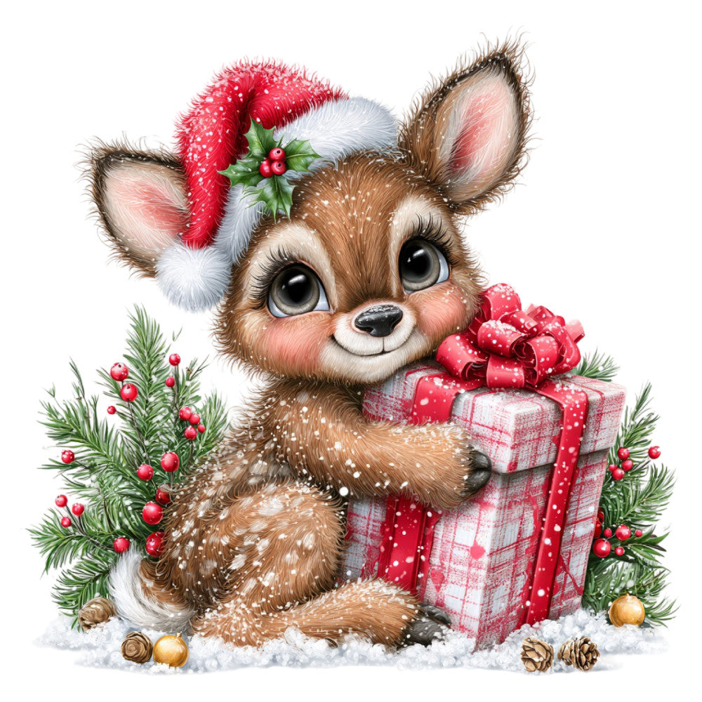 christmas deer, festive reindeer, holiday animals, winter woodland, red santa hat, plaid gift box, forest green, cream white, warm brown, dusty rose, holiday theme, christmas decorations, whimsical animals, cute deer, pine branches, holly berries, snow covered, rustic holiday, traditional christmas, festive season, baby quilt, wall hanging, christmas panel, woodland creatures, red ribbon bow, gold ornaments, pine cones, seasonal decor, winter animals, cozy christmas