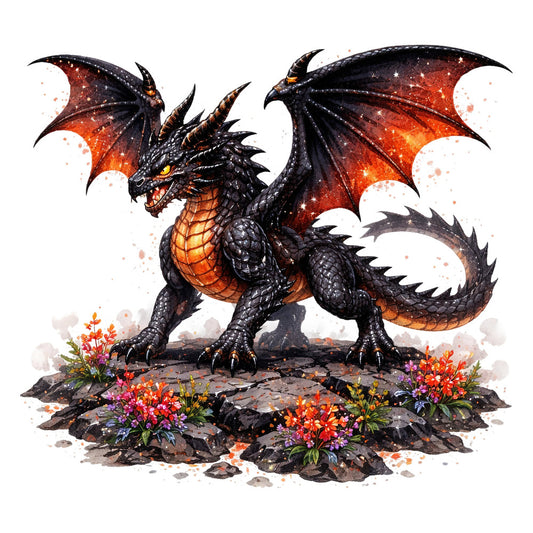 dragon, fantasy, mythical creatures, black, orange, deep red, glowing embers, fire, cosmic, stars, magical, whimsical, dark fantasy, celestial, baroque, ornate, spikes, scales, fierce, flowers, wildflowers, vibrant, nature, dark aesthetic, gothic, adventure, game art, illustration style, decorative