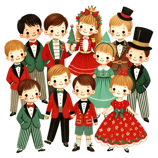 christmas, holiday, vintage, whimsical, children, festive, red, green, gold, cream, ivory, elegant, traditional, retro, carolers, winter, family, dressed up, formal wear, top hats, party, celebration, joyful, cheerful, nostalgic, mid-century, charming, illustration, decorative, seasonal
