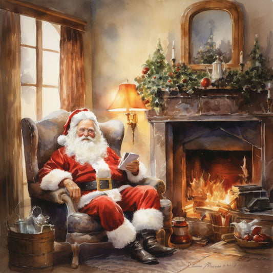 santa claus, christmas scene, red suit, white beard, fireplace, cozy interior, warm lighting, fabric panel, quilting cotton, holiday theme, festive decor, winter scene, armchair, christmas garland, golden tones, brown wood, seasonal print, cotton fabric, christmas crafting, holiday sewing