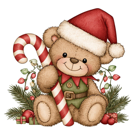 christmas teddy bear, holiday, festive, red and white, cream, tan, sage green, candy cane, striped, whimsical, cute, children's, baby, animals, bears, vintage christmas, traditional, nostalgic, evergreen, pine branches, red ornaments, wrapped gifts, present, jingle bells, jolly, seasonal, winter, december, cozy, charming
