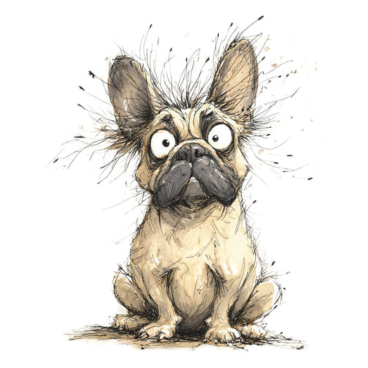 french bulldog, fawn, tan, cream, black, charcoal gray, sketch style, whimsical, playful, dog lover, pet themed, illustration, ink drawing, expressive eyes, surprised expression, cute animals, humorous, modern artistic, dog breed, puppy, animal portrait, contemporary art style, line art, watercolor effect, pet owner gift, dog enthusiast, quirky, charming, fun loving, casual style
