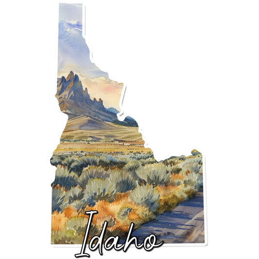 idaho state map, landscape scenery, mountain peaks, sagebrush, high desert, golden tan, sage green, slate blue, cream white, rustic americana, travel themed, geographical, nature inspired, scenic vista, western landscape, state pride, regional art, vintage watercolor, painterly style, national parks, outdoor adventure, americana, earthy tones, natural colors, wall hanging, home decor, travel souvenir, state collection, geographic design