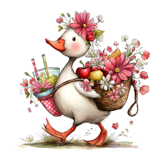 duck, goose, waterfowl, animals, floral, flowers, cosmos, daisies, pink, coral, red, cream, white, yellow, green, whimsical, farmhouse, cottage core, vintage, spring, nature, garden, basket, fruits, apples, pears, butterflies, insects, children's, playful