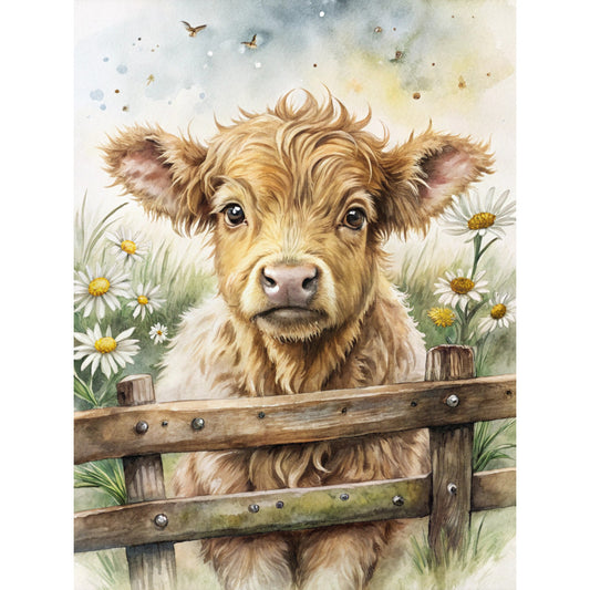 highland cow, brown, golden, cream, white, yellow, green, watercolor style, pastoral scene, farm animal, wooden fence, daisies, wildflowers, meadow, countryside, fluffy fur, calf, fabric panel, quilting cotton, rustic charm, nature scene, soft colors