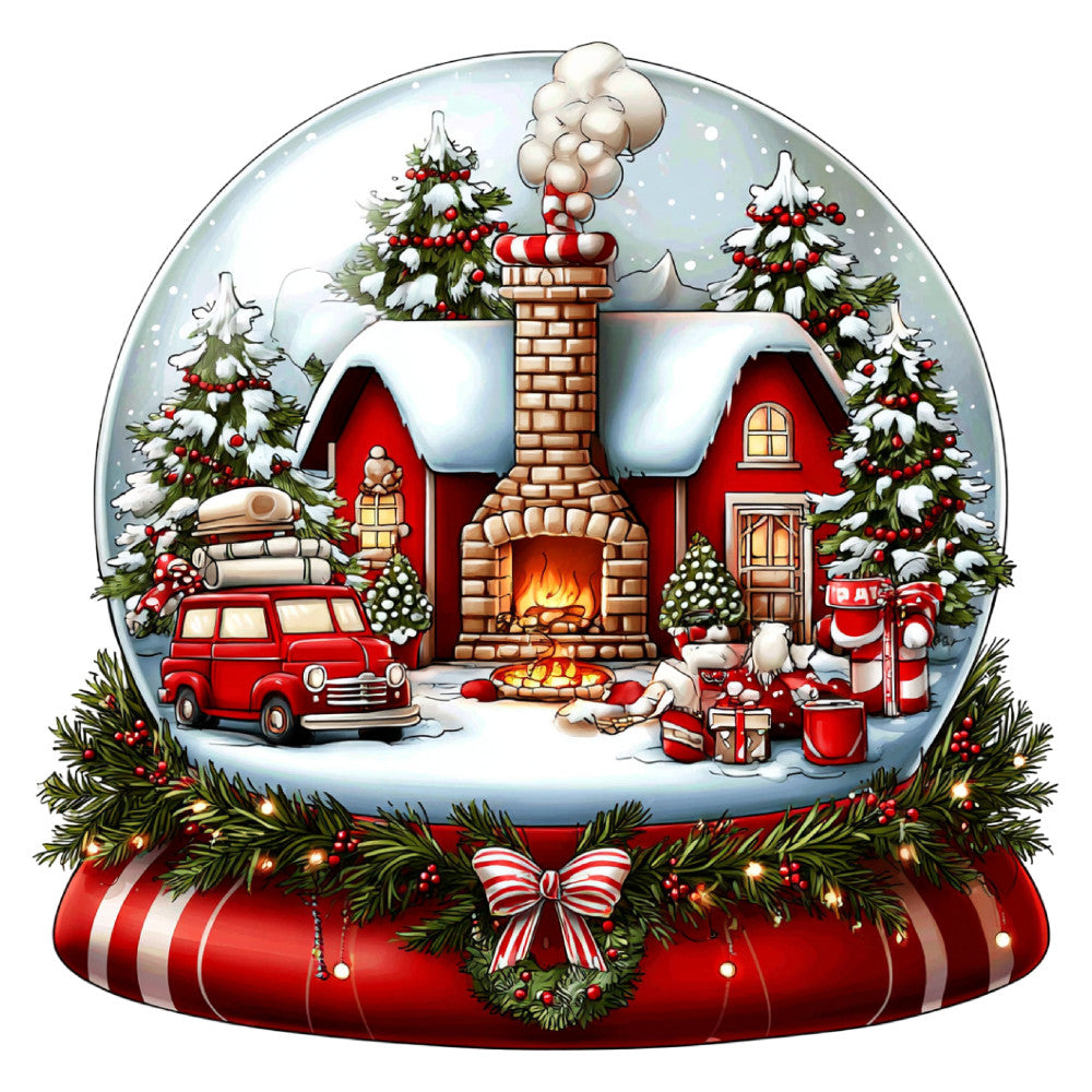 christmas, holiday, winter, snow, red, cream, gold, green, festive, snow globe, cozy cabin, fireplace, vintage truck, decorative, whimsical, nostalgic, traditional, rustic, evergreen, candy cane striped, chimney, gifts, wreath, snowy landscape, warm, seasonal, retro, cheerful, iconic, storybook