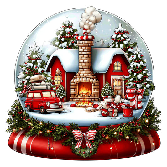 christmas, holiday, winter, snow, red, cream, gold, green, festive, snow globe, cozy cabin, fireplace, vintage truck, decorative, whimsical, nostalgic, traditional, rustic, evergreen, candy cane striped, chimney, gifts, wreath, snowy landscape, warm, seasonal, retro, cheerful, iconic, storybook