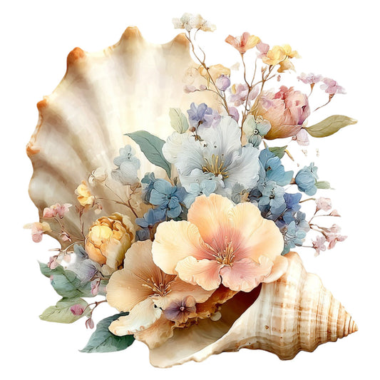 floral, seashell, botanical, pastel, soft pink, dusty blue, cream, peach, coral pink, lavender, sage green, vintage, romantic, whimsical, elegant, nature, spring, summer, garden flowers, peonies, delicate, watercolor style, coastal, nautical, cottage core, bohemian, dreamy, soft colors, mixed florals, nature inspired