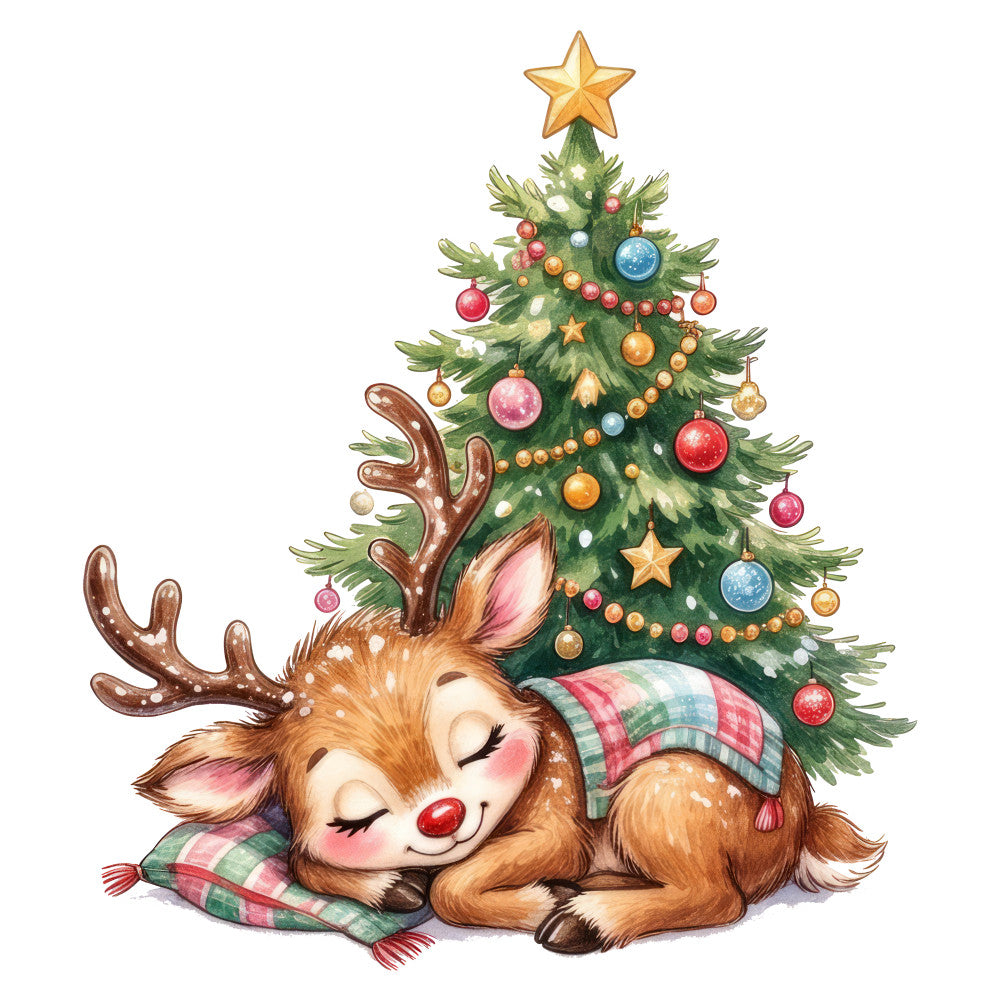 reindeer, sleeping deer, christmas tree, holiday, festive, whimsical, cute animals, forest green, red ornaments, gold accents, plaid blanket, stars, baubles, cozy, winter, christmas, charming, sweet, gentle, nursery, children's, baby, peaceful, resting, decorated tree, gold star topper, tartan, traditional, seasonal, december