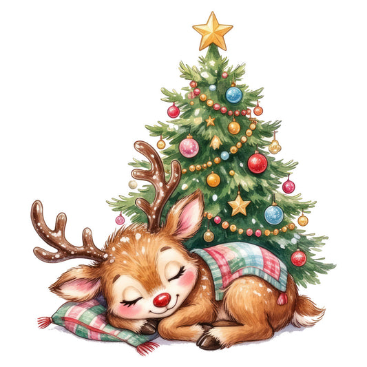 reindeer, sleeping deer, christmas tree, holiday, festive, whimsical, cute animals, forest green, red ornaments, gold accents, plaid blanket, stars, baubles, cozy, winter, christmas, charming, sweet, gentle, nursery, children's, baby, peaceful, resting, decorated tree, gold star topper, tartan, traditional, seasonal, december