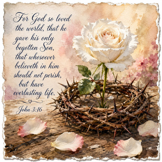 cream rose, blush pink, dusty rose, sage green, tan, beige, watercolor floral, religious, inspirational, john 3:16, crown of thorns, vintage, rustic, elegant, traditional, botanical, spiritual, faith-based, easter, spring, rose motif, thorn wreath, bible verse, redemption, sacrifice, hope, everlasting life, cross stitch, wall hanging, home decor