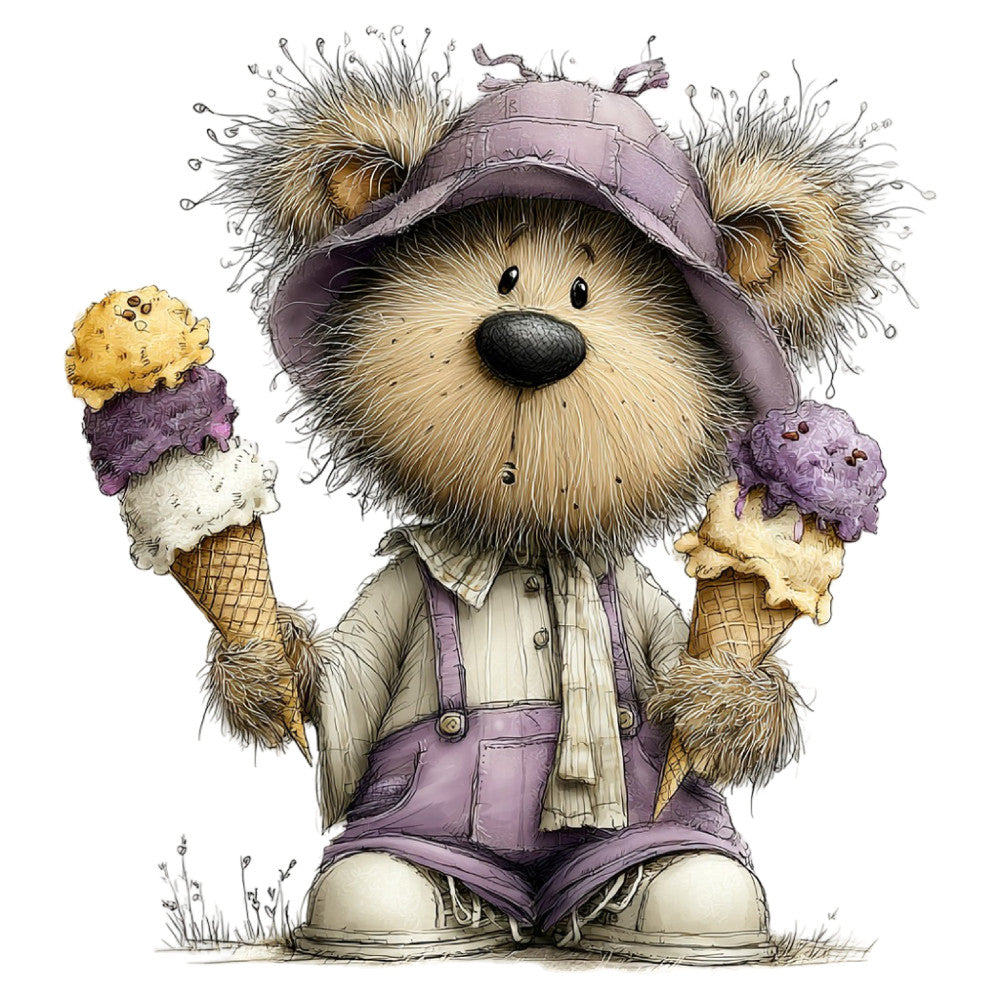 cute teddy bear, whimsical, children's, ice cream, purple, lavender, cream, tan, beige, adorable character, playful, storybook, animal theme, novelty, kid-friendly, nursery, baby, friendship, charming, illustrated, vintage style, retro, pastel colors, quirky, fun, decorative panel, wall hanging, children's apparel, whimsy