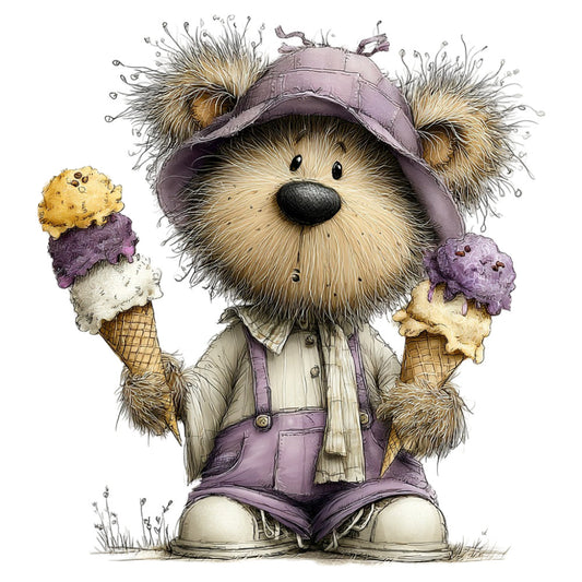 cute teddy bear, whimsical, children's, ice cream, purple, lavender, cream, tan, beige, adorable character, playful, storybook, animal theme, novelty, kid-friendly, nursery, baby, friendship, charming, illustrated, vintage style, retro, pastel colors, quirky, fun, decorative panel, wall hanging, children's apparel, whimsy
