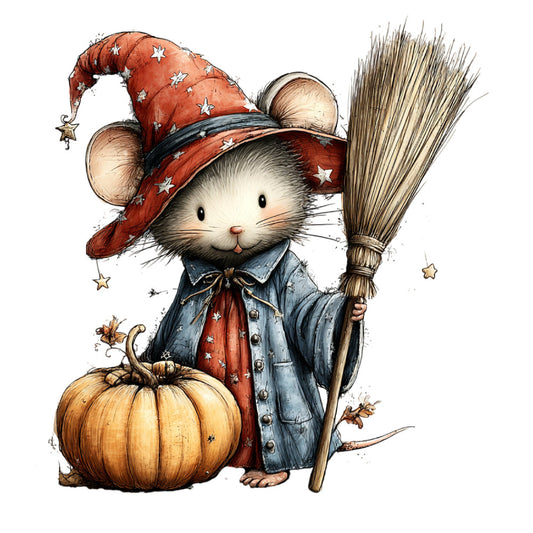 autumn mouse, fall harvest, whimsical animals, rustic farmhouse, pumpkin, broomstick, wizard mouse, stars, red and blue, denim blue, burnt orange, cream, woodland creatures, children's, baby quilt, storybook, magical theme, seasonal, autumn harvest, cute mouse character, folk art, traditional, vintage style, nature theme, sweet illustration, wall hanging, festive, harvest time, cozy, charming animals